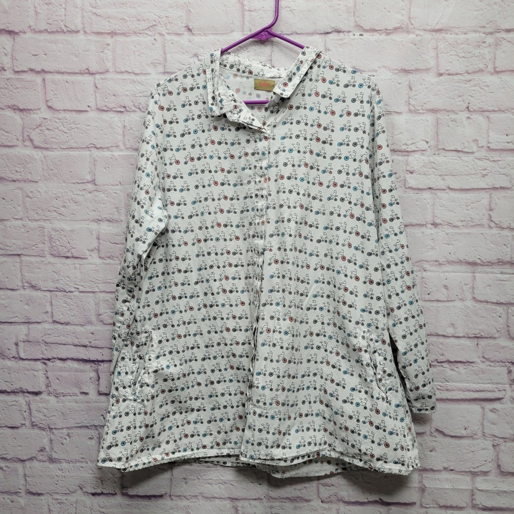 Tulip Perry Bicycle Button Down Tunic Top Womens M 100% Cotton‎ Cottagecore Boho